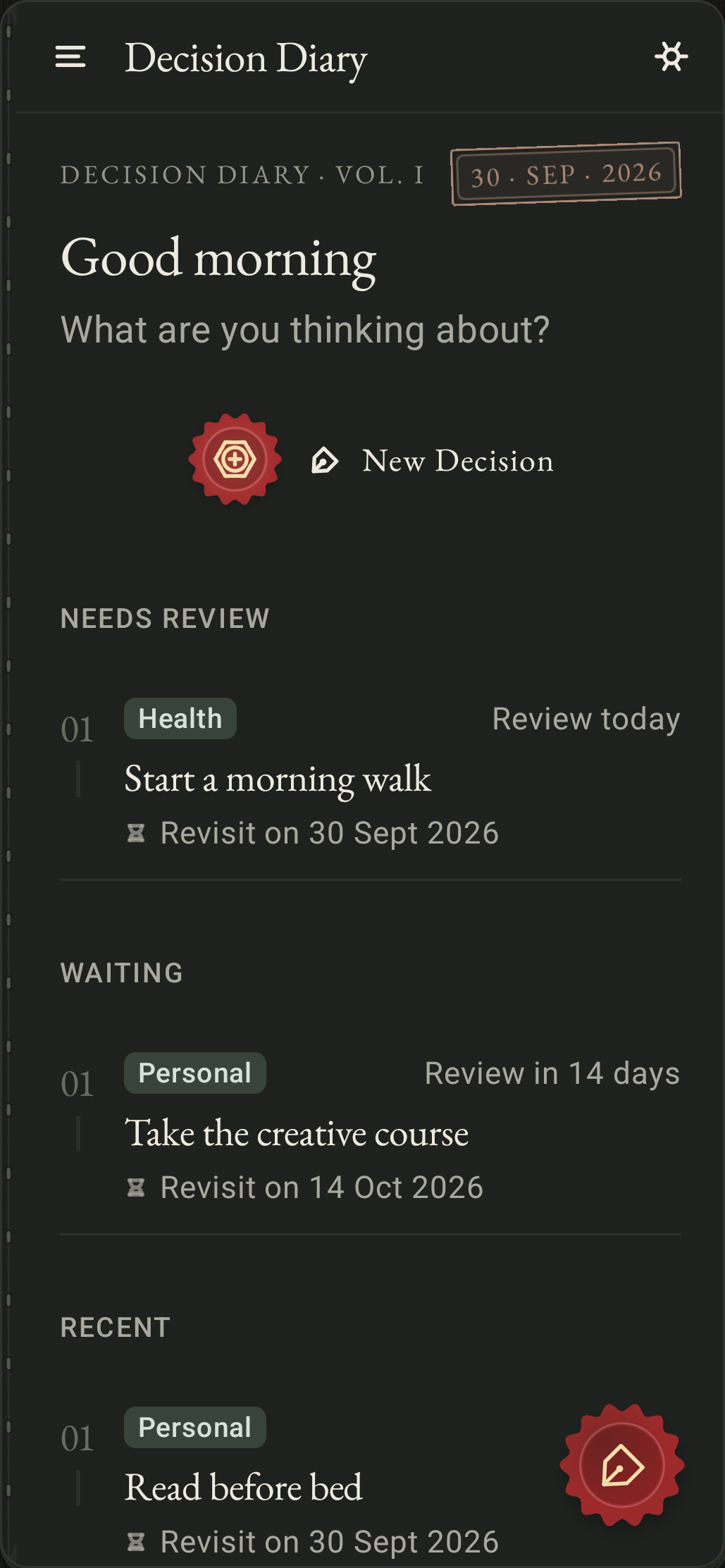Decision Diary home screen with fictional entries about morning walks, a creative course, and reading before bed.